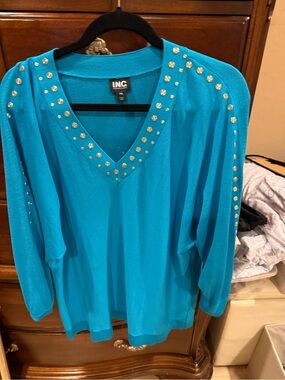INC International Concepts Turquoise V-Neck Studded Sweater
